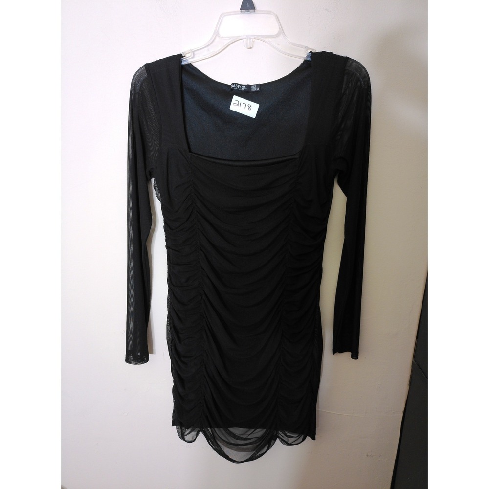 Nasty Gal Ruched Bodycon Dress Women 8 Black Mesh Long Sleeve Mini Goth Clubwear